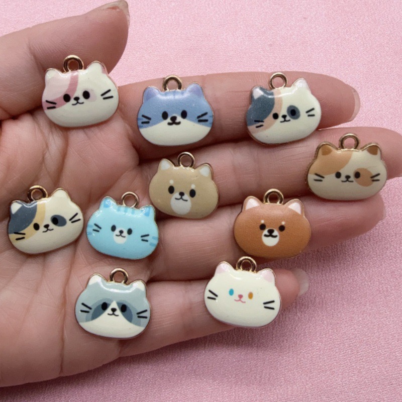 Jewelry Making Factory - 12pcs Printed Cat Head Alloy Drip